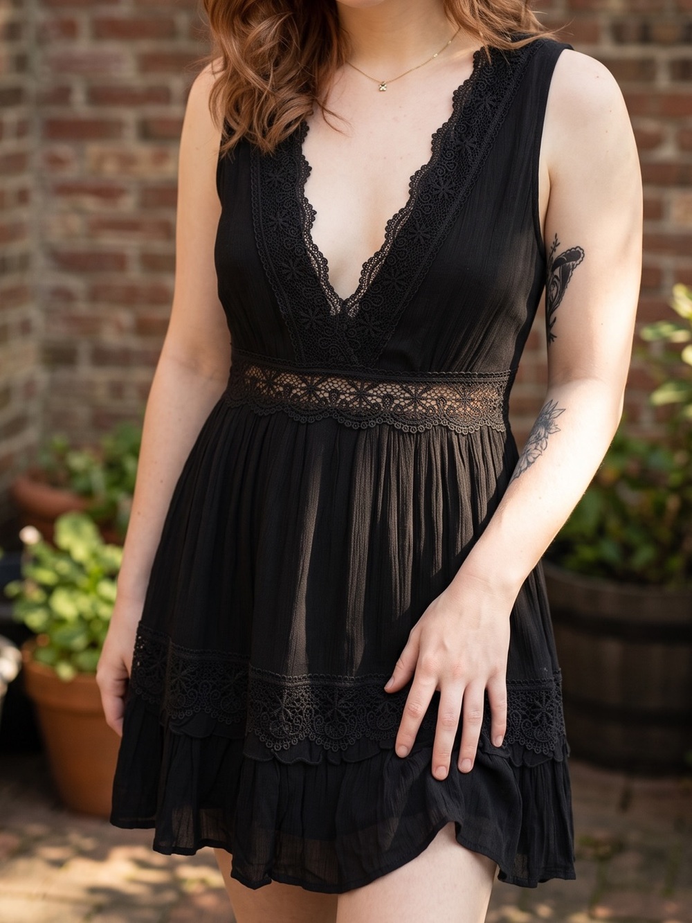 HYFVE • Black Intricate Lace-Trim Deep V-Neck Midi Dress • Women’s Small